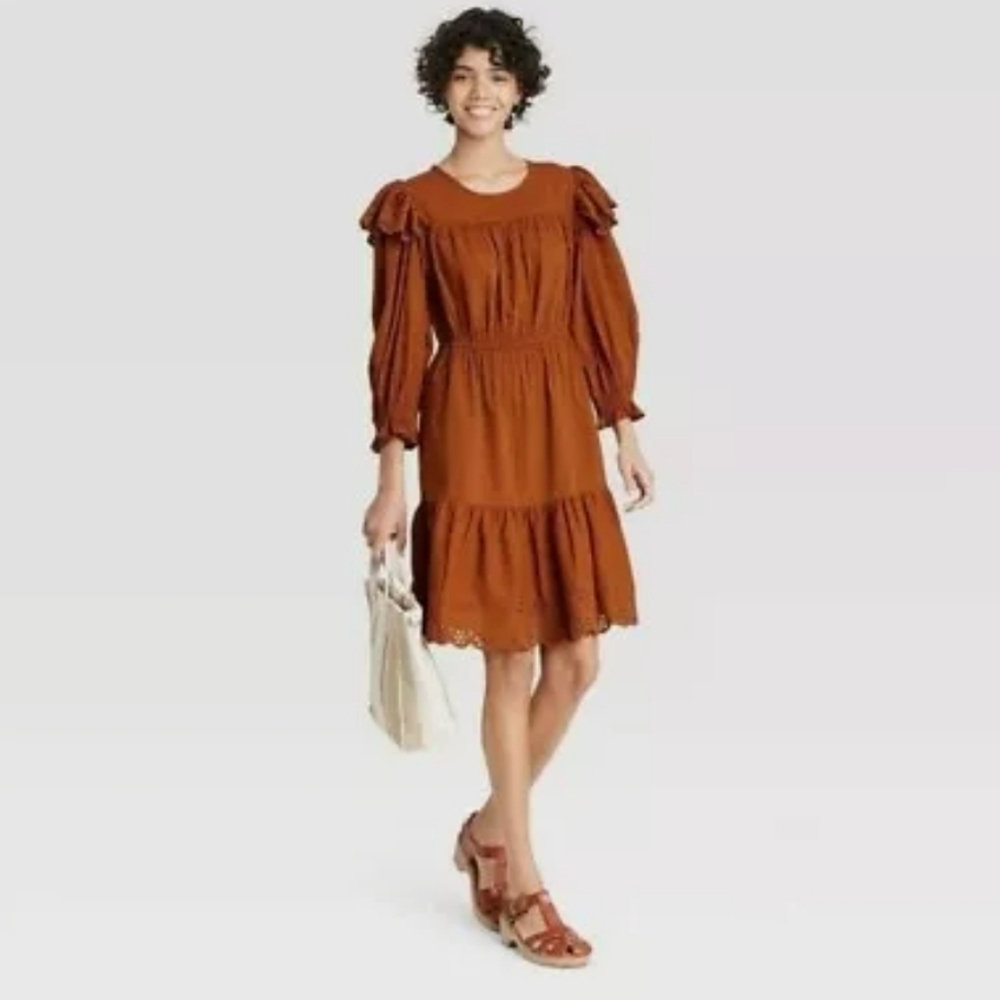 Universal Thread Midi Dress with Ruffled Skirt and Long Bishop Sleeves- size S